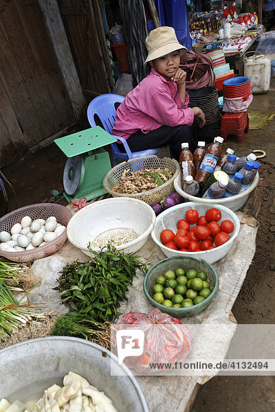 Sale of vegetables  eggs and fish sauce on a market  Lac Thuy  Hoa Bin Province  Vietnam  Asia