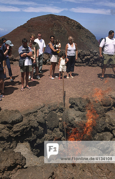 Demonstration of the geothermal energy in the National park Timanfaya  Lanzarote  Canary Islands  Spain