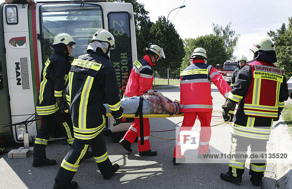 Catastrophe exercise of the Augsburg fire department in cooperation with the Bavarian Red Cross and the DLRG  Ausgburg  Bavaria  Germany