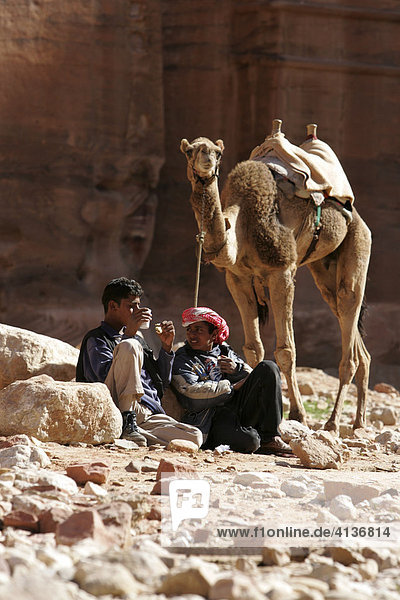 JOR  Jordanien  Petra : Touristen koennen auf Pferden  Eseln oder Kamelen in Teile von Petra reiten. Gaeste.Nabataeerstadt Petra  Ruinenkomplex an der Koenigsstrasse.