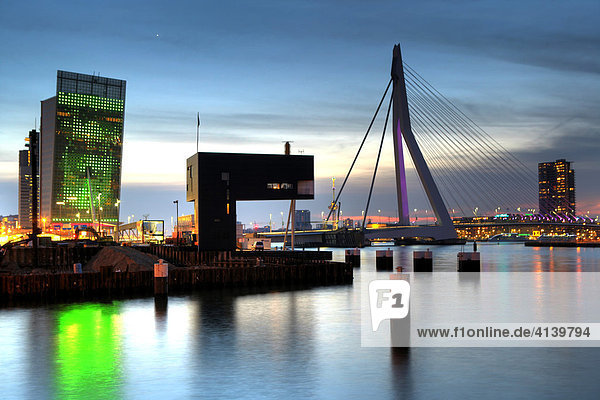 Erasmusbrug bridge over the Maas river with Telekom building to the left  Rotterdam  The Netherlands  Europe