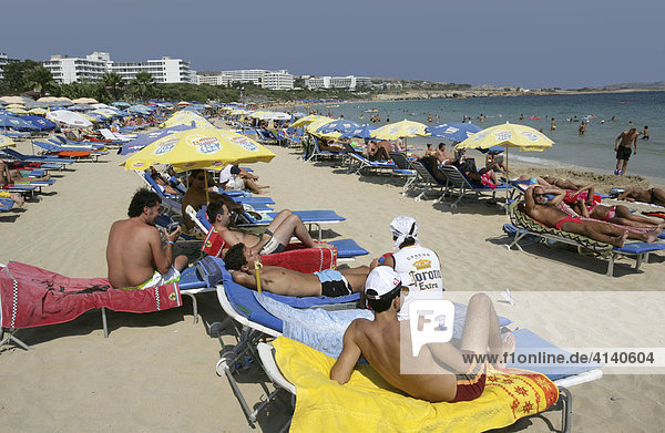 Tourist hotels  tourists on the beach at Ayia Napa  Cyprus  Europe