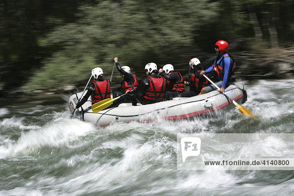 Whitewater rafting on a mountain river in the Pyrenees near Rialp  Catalonia  Spain  Europe