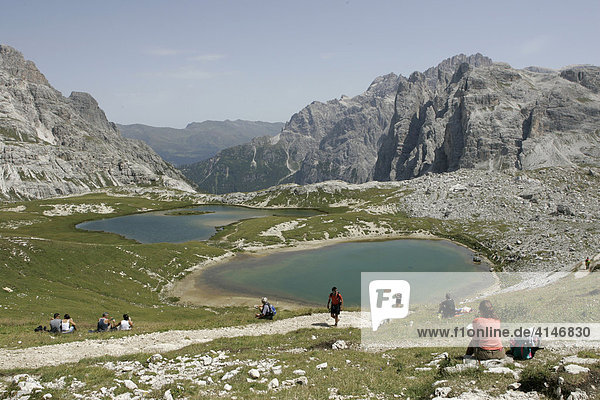 Laghi dei Piani or Boedenseen Lakes on the Drei Zinnen or Tre Cime di Lavaredo Plateaux  Sexten  Sesto Dolomites  Pustertal Valley or Val Pusteria  Bolzano-Bolzen  Italy  Europe