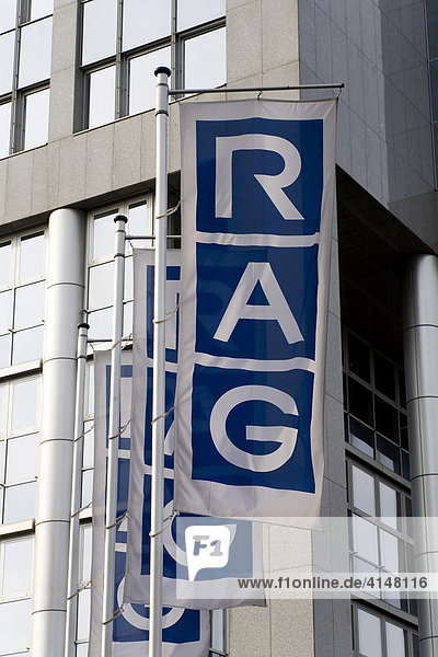 Flags with the RAG logotype in fron tof the headquarters  Essen  NRW  Germany