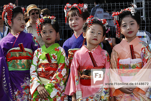 Group of little Japanese girls dressed with traditional kimono  Japan fair  Duesseldorf  NRW  Germany