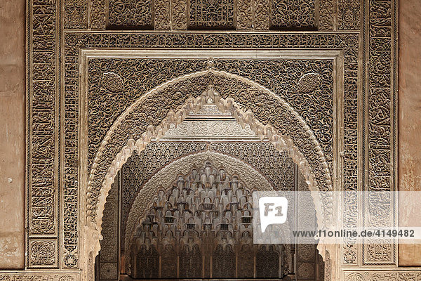 Gorgeous stucco decoration  small mausoleum of the Saadien Tombs  Medina  Morocco  Africa