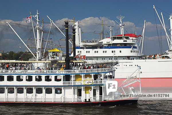 Museum ship Cap San Diego and paddle-steamer in Hamburg during the 817th anniversary of Hamburg Harbour  Hamburg  Germany