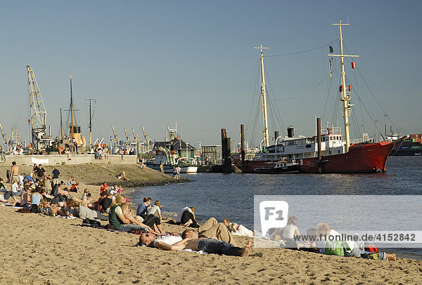 Strandleben in der Stadt  Sonnenanbeter am Elbstrand bei Övelgönne in Hamburg  Deutschland