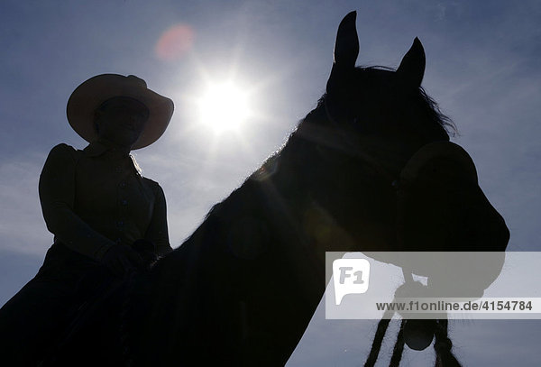 Silhouette eines Reiters mit Cowboyhut und eines Pferdes vor strahlender Sonne