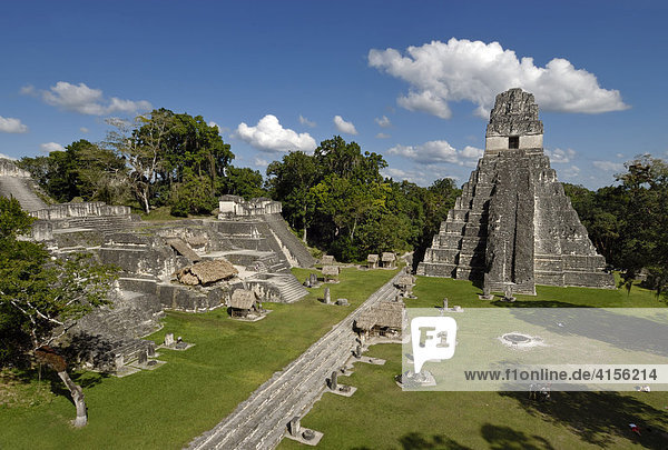 Tikal  Mayan ruins  view from Temple II toward Temple I  Temple of the Giant Jaguar  and the Gran Plaza  Yucatán Peninsula  Guatemala  Central America