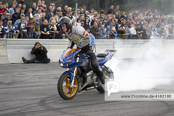 STUNT SHOW with Rainer Schwarz - of official stunt drivers for HARLEY-DAVIDSON and Germany BUELL and Austria on a HARLEY DAVIDSON BUELL  Geiselwind  Germany.