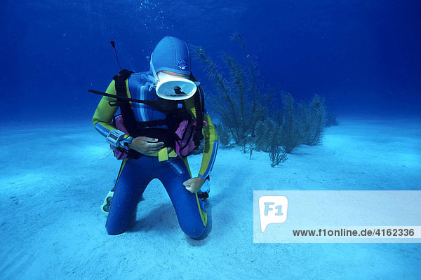 Unterwasser Zeichensprache habe einen Krampf  Taucher zeigt mit der Faust auf das Körperteil  wo der Krampf ist.Karibik.