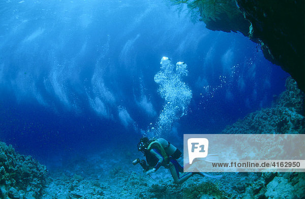 Scuba diver in the current  Maldives  Indian Ocean