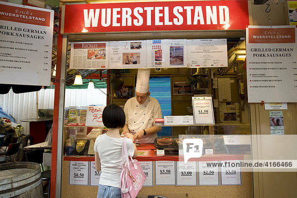 Chinatown  stand selling German sausages on Neil Road in Singapore  Southeast Asia