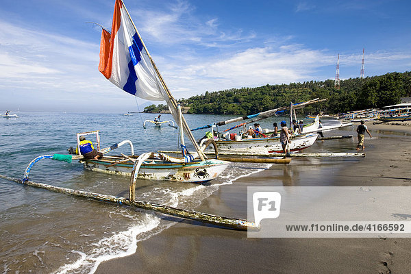 Outrigger fishing boats pulled up onto the beach at Senggigi  Lombok Island  Lesser Sunda Islands  Indonesia