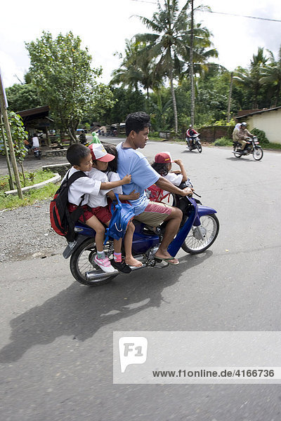 Moped or motor scooter with 5 riders onboard  of which 4 are children  Mataram  capital of Lombok Island  Lesser Sunda Islands  Indonesia  Asia