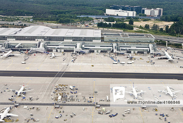 Flugzeuge stehen in Parkposition am Terminal  Frankfurter Flughafen  Frankfurt  Hessen  Deutschland  Europa