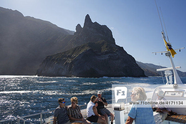 Roque de los Organos  organ pipes rock  view from boat  La Gomera  Canary Islands  Spain