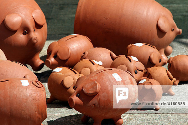 Piggy banks on a market  Sineu  Majorca  Spain  Europe