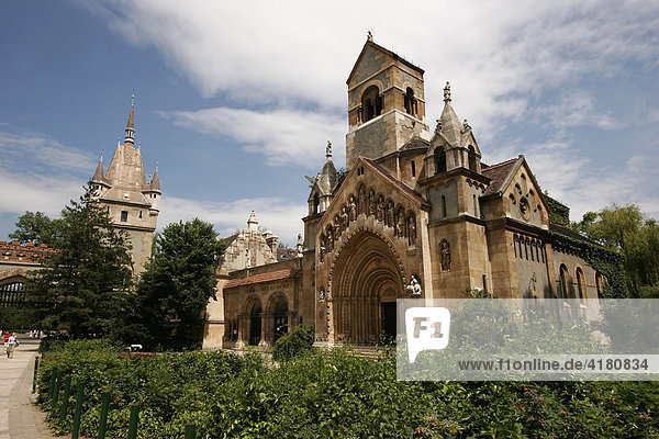 Castle Vajdahunyad with models of historical buildings in the town forest (Városliget) Budapest Hungary Europe