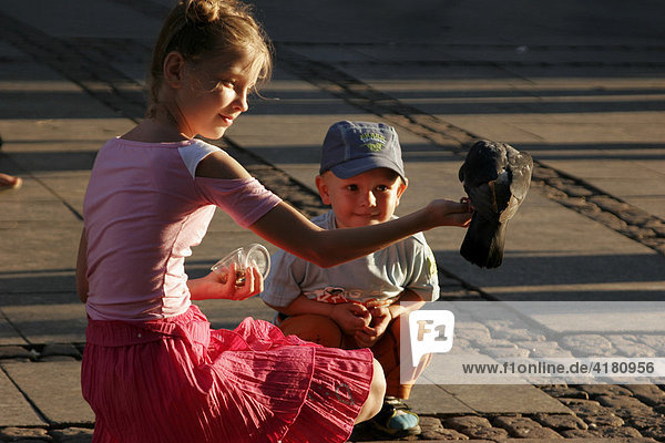 Kinder füttern die Tauben in der Altstadt von Danzig/Gdansk  Polen  Europa