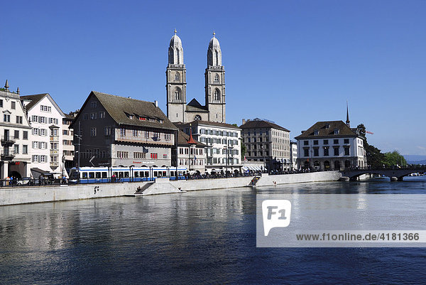 Grossmuenster Cathedral and the Limmat River  Zurich  Switzerland  Europe