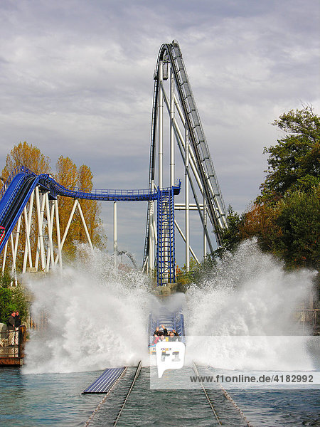 Water slide Poseidon and roller coaster Silverstar in the Europapark Rust  Baden-Wuerttemberg  Germany