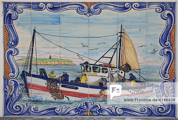 Panel of historical Azulejos  Ferragudo  Algarve  Portugal
