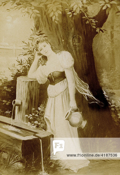 Historisches Foto  ca 1870: Mädchen am Brunnen