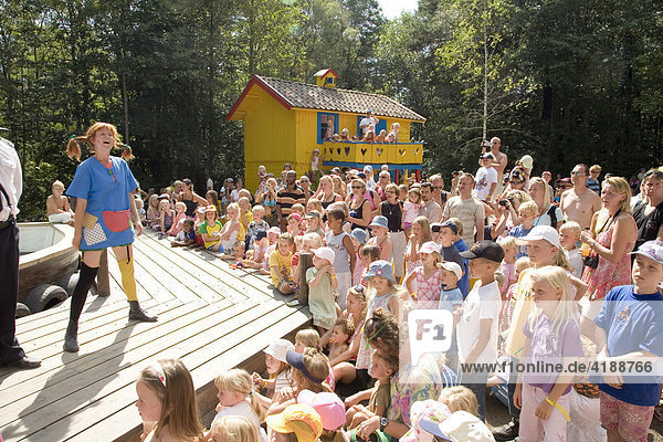 Actress impersonating Pippi Longstocking during a performance at the Villa Villekulla  Astrid Lindgren's World amusement park in Vimmerby  Sweden  Scandinavia  Europe
