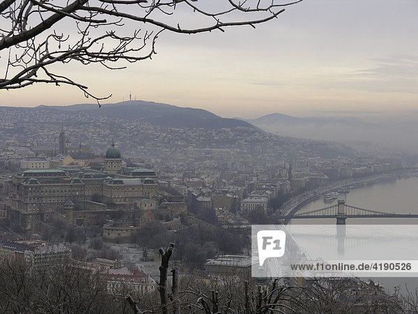 Wintermorgen über Burgpalast und Donau in Budapest Ungarn