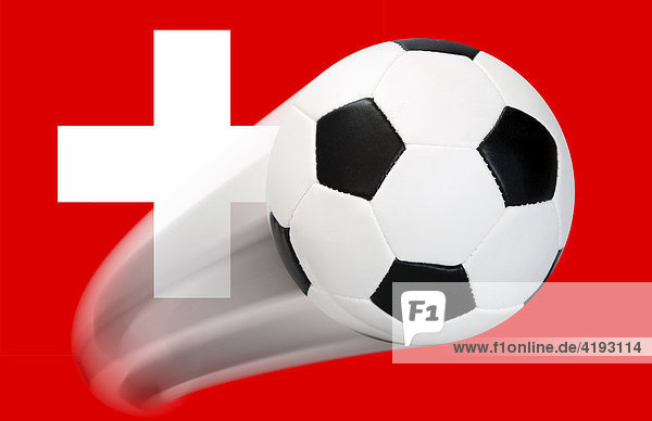 Football flying in front of a Swiss flag - series