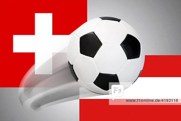 Football flying in front of Swiss and Austrian flags - series
