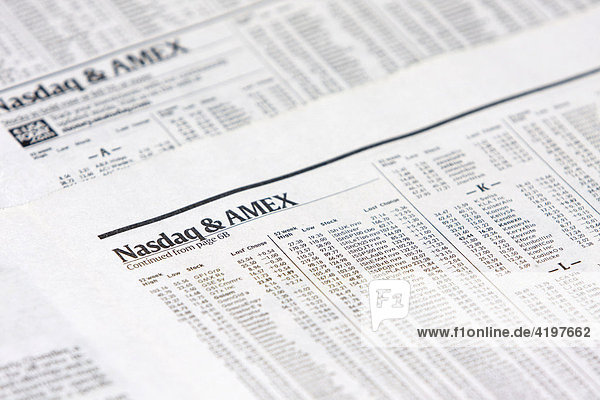 Börsenkurse  Nasdaq and Amex  Witschaftsteil einer amerikanischen Tageszeitung  USA