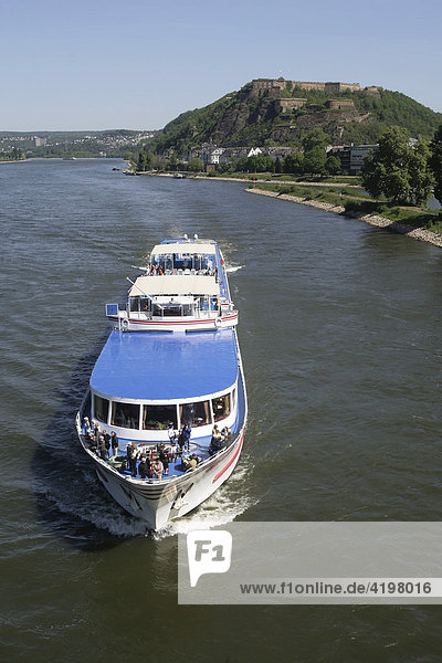 Ship on the river rhine in front of castle Ehrenbreitstein. Koblenz  Rhineland-Palatinate  Germany.