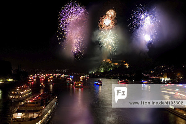 The longest ship parade in europe stops during the fireworks in front of the castle Ehrenbreitstein in Koblenz Rhineland-Palatinate Germany