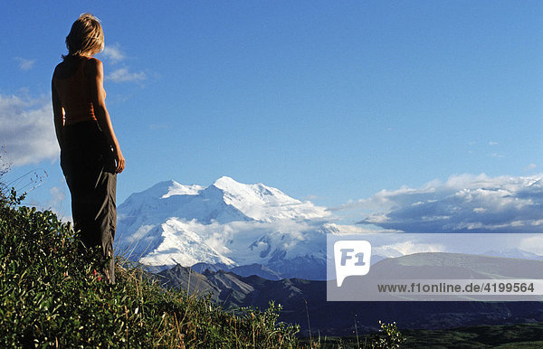 Woman enjoying evening sun over Mt. McKinley  Denali National Park  Alaska  USA