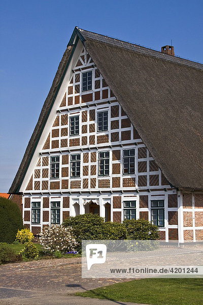 Historisches reetgedecktes Fachwerkhaus  Altländer Bauernhaus im Alten Land  Jork  Obstanbaugebiet Altes Land  Niedersachsen  Deutschland  Europa