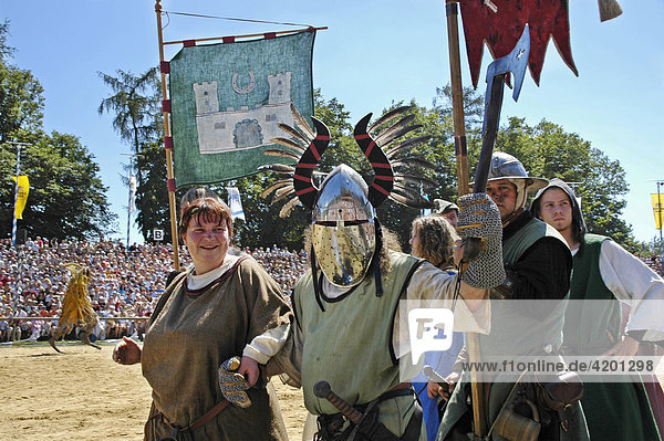 Knights in mediaeval medieval costumes  knight festival Kaltenberger Ritterspiele  Kaltenberg  Upper Bavaria  Germany
