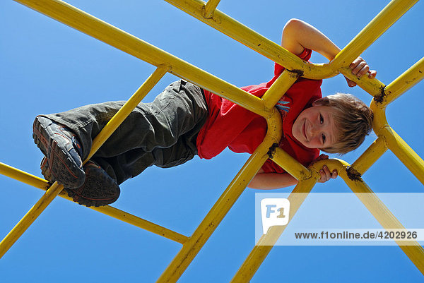 Junge  7 Jahre alt  turnt an einem Klettergerüst  Köln  NRW  Deutschland