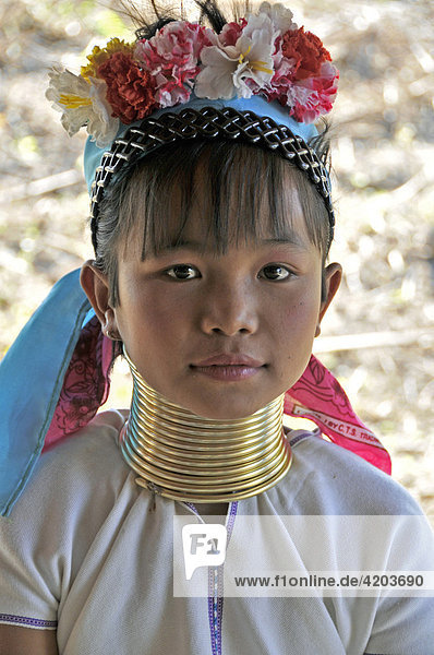Im Grenzgebiet zwischen Thailand und Myanmar (Birma) leben als Flüchtlinge die Long Neck Women (Langhals-Frauen  Stamm der Padaung). Mädchen mit ersten Halsringen  Thailand  Asien