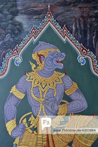 Restaurierte Wandmalereien (Ramakien) im Wat Phra Kaeo Großer Palast Bangkok Thailand Asien