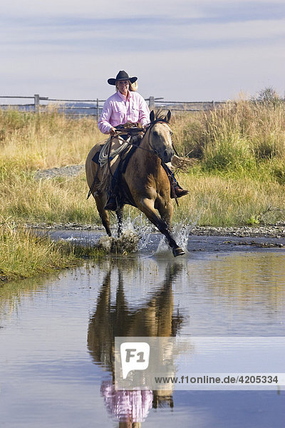 Cowgirl reitet durch Bach  Oregon  USA