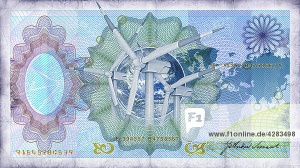 Blauer Geldschein mit Windrädern