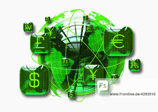 Grüner Globus umgeben von Währungssymbolen