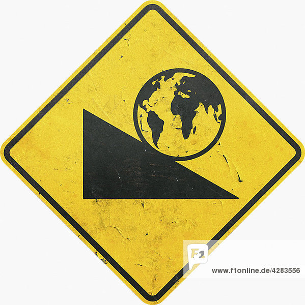 Gelbes Warnschild mit abwärts rollendem Globus