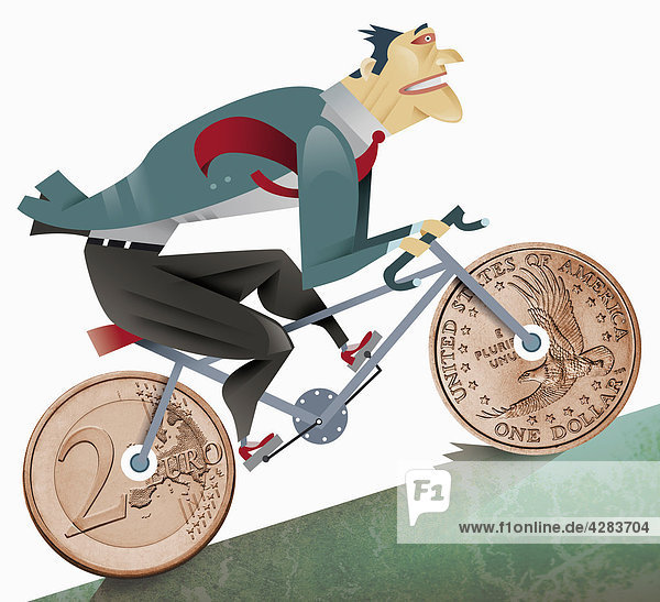 Geschäftsmann fährt auf einem Fahrrad mit Geldmünzen bergauf