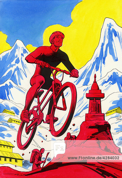Man riding mountain bike near mountains