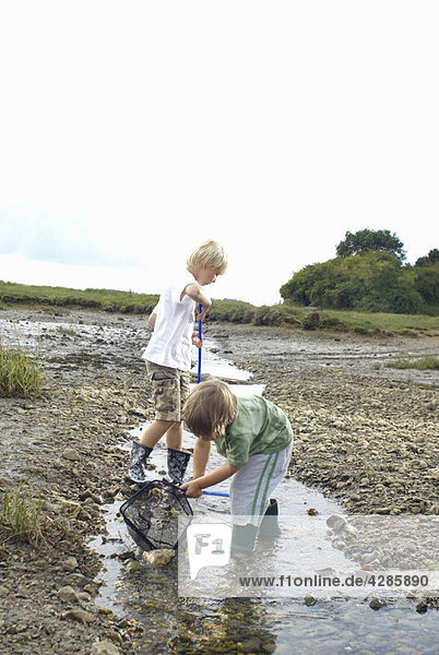 Two boys fishing with nets in a stream